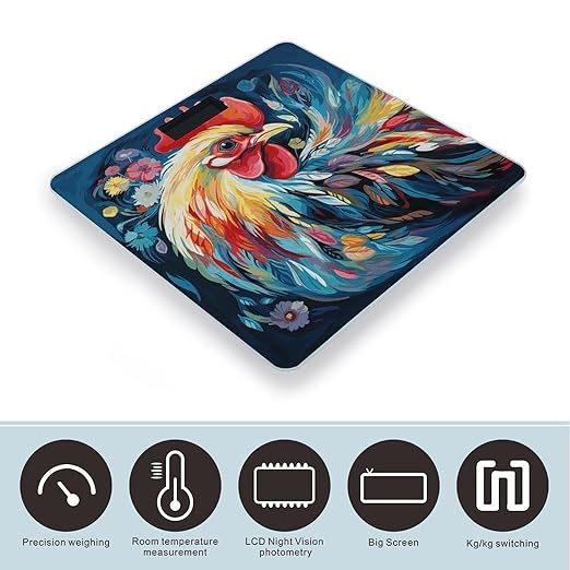 Art Colorful Chicken Scale for Body Weight Anti-Slip Sturdy Tempered Glass Weighing Machine Highly Digital Accurate Bright LCD Bathroom Scale for Household Gift