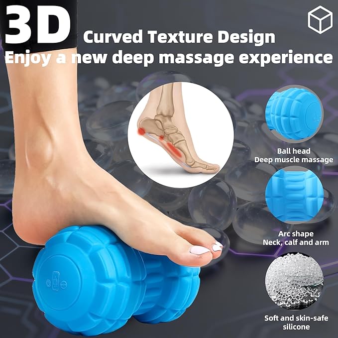 Vibrating Peanut Massage Ball – Back Neck Hip Calf Leg &amp Foot Muscle Roller Trigger Point Massage Ball for Deep Tissue Myofascial Release Silicone Shell 4-Speed (Blue)