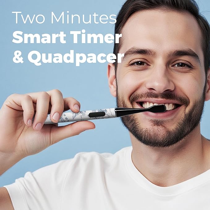 MIPOW Brush GO SlimPro i4 Electric Toothbrush Rechargeable Smart Ultra Sonic 3 Modes Travel Case &amp Ceramic Dock 60Day Battery Soft Bristles 2 Heads IPX7 Waterproof Color-Voyage Edition