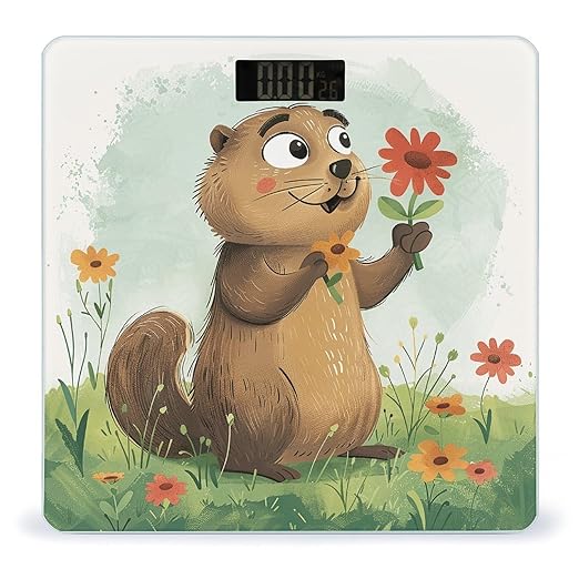 Digital Bathroom Scale for Body Weight Scale with Bright LCD Display High Accuracy Step-On Technology Auto On/Off Groundhog Holding Flower Digital Scales 400 Lbs /180kg