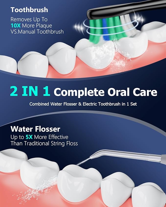 Electric Toothbrush with Water Flosser Combo: 600ML Large Water Tank &amp Ultrasonic Cleaning- Gum Care &amp Whitening- 5 Brush Modes &amp 10 Pressure Settings for Family Use Black