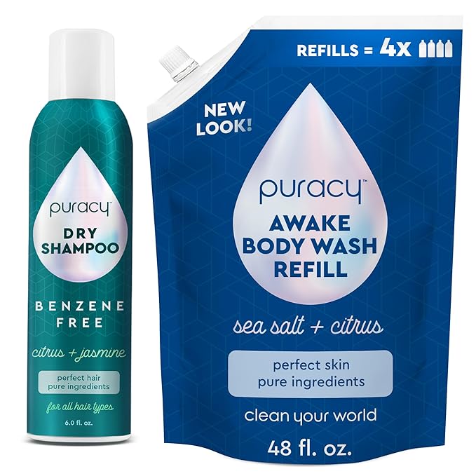 Puracy Natural Body Wash Refill 98.6% Pure Plant Ingredients Shower Gel (Citrus &amp Sea Salt 48 oz) Natural Dry Shampoo for Women Plant-Powered Cleansing Volumizing Dry Shampoo (Citrus &amp Jasmi