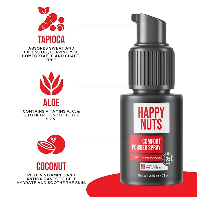Happy Nuts Comfort Bundle - Comfort Cream Body Wash and Powder Spray - Anti-Chafing Sweat Defense and Men's Shower Body Wash