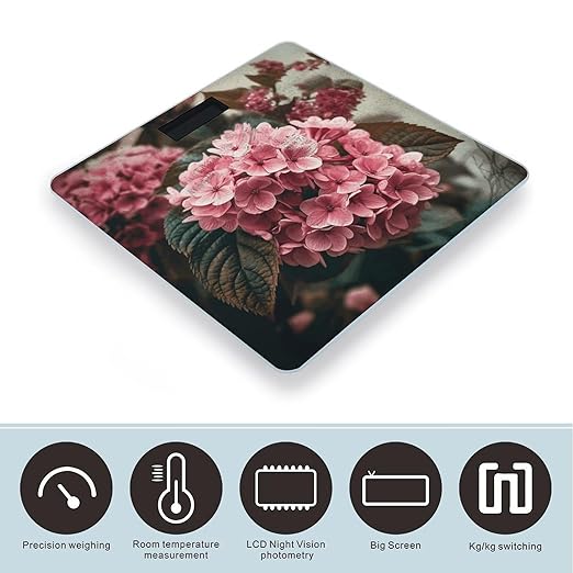 Pink Flowers Digital Bathroom Scale for Body Weight Weighing Scale with Backlit LCD Display High Precision Measurements &amp Measures Weight Up to 180kg
