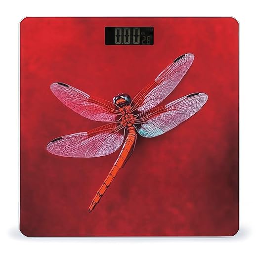 Dragonfly on Red Background Bathroom Scale Large LCD Backlight Display Digital Scale Rounded Corners Body Scales Automatic Power On/Off Bathroom Scales for Home Bedrooms