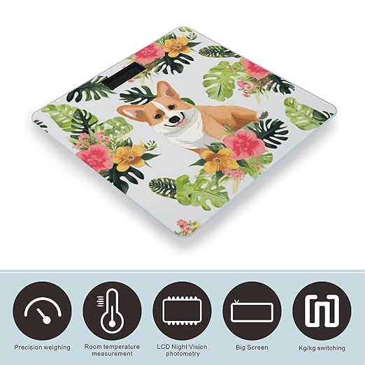 Tropical Flower and Corgi Bathroom ScaleHighly Accurate Digital Weighing Machine for People Bright LED Display Weight Scale for The Aldult Home Use