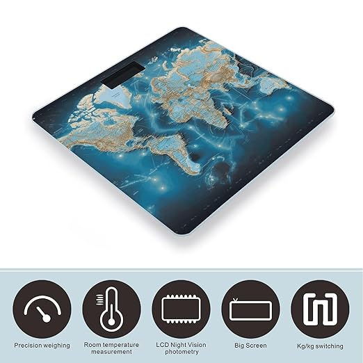World Map Bathroom Scale for Body Weight with High Precision Large LCD Backlight Display Digital Weighing Scale with BMI Capacity Up to 180kg