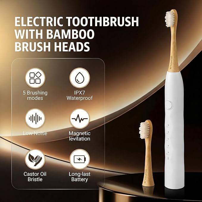 Electric Toothbrush with 4 Bamboo Heads Bamboo Electric Toothbrush for Adults Soft Castor Oil Bristles 5 Modes Smart Timer Sonic Technology IPX7 Waterproof 60-Day Battery Life-White