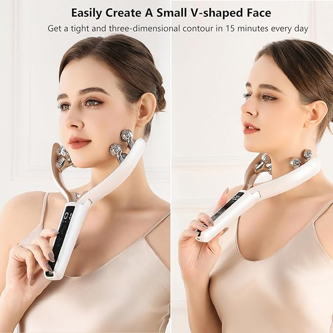 Face Massager and Neck Massager for Women 8-Roller EMS Facial Massager Tool Face Roller with Red Blue Light Electric Lymphatic Drainage Massager Face for V-Line Contouring and Skin Firming
