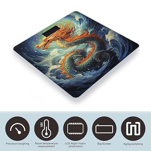 Chinese Dragon Oil Painting Scale for Body Weight Anti-Slip Tempered Glass Digital Bathroom Scales Clear LCD Display Weighing Scale Safe Rounded Corners Smart Scales