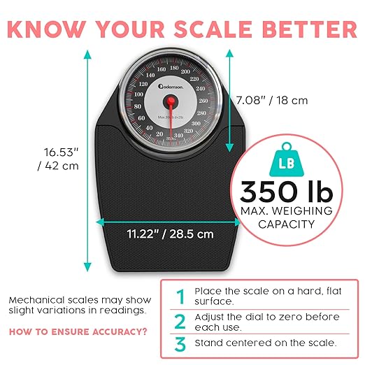 Adamson A24 Scales for Body Weight - Up to 350 LB - New - Anti-Skid Rubber Surface Extra Large Numbers - High Precision Bathroom Scale Analog - Durable with 20-Year Assurance - Black