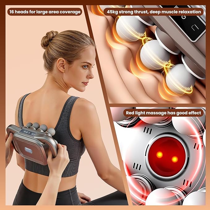 16 Head Massage Gun for Athletes Deep Tissue Percussion Massager with 9 Modes &amp Levels - Portable Muscle Pain Relief for Back Neck Shoulders Legs &amp Full Body