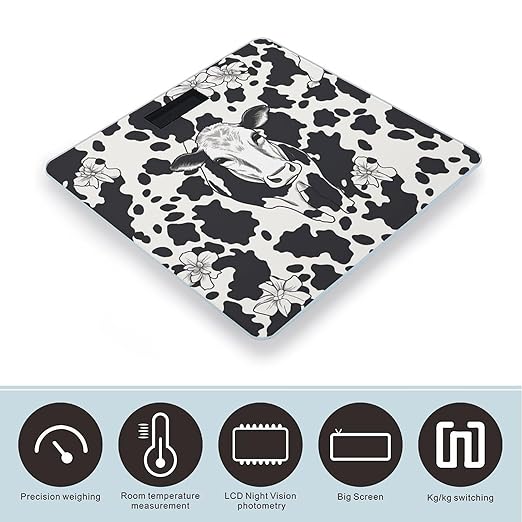 Black and White Cowm Bathroom Scale Weight Scale for Body WeightHighly Accurate Digital Weighing Machine Clear LED Display Digital Bathroom Body Scale 400lb/182kg