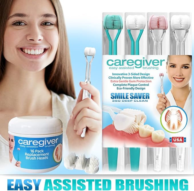 Caregiver 3-Sided Toothbrush | 4-Pack + 16 Replacement Heads | Easy Assisted Brushing for Autism Special Needs Disabilities Seniors &amp Dexterity | Gentle U-Shaped Triple Clean Soft | Made in USA