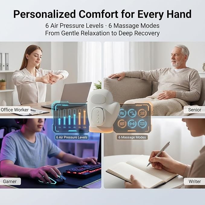 Cordless Electric Hand Massager with Heat - 6 Levels Compression &amp Heating for Arthritis Carpal Tunnel and Finger Pain Relief - Ideal Relaxation Wellness Gifts for Women Men Mom (2 PCS)