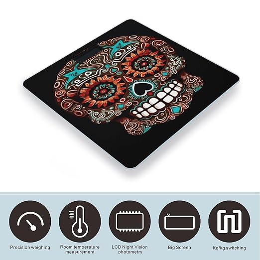 Sugar Skulls Day of The Dead Bathroom Scale Large LCD Backlight Display Digital Scale Rounded Corners Body Scales Automatic Power On/Off Bathroom Scales for Home Bedrooms