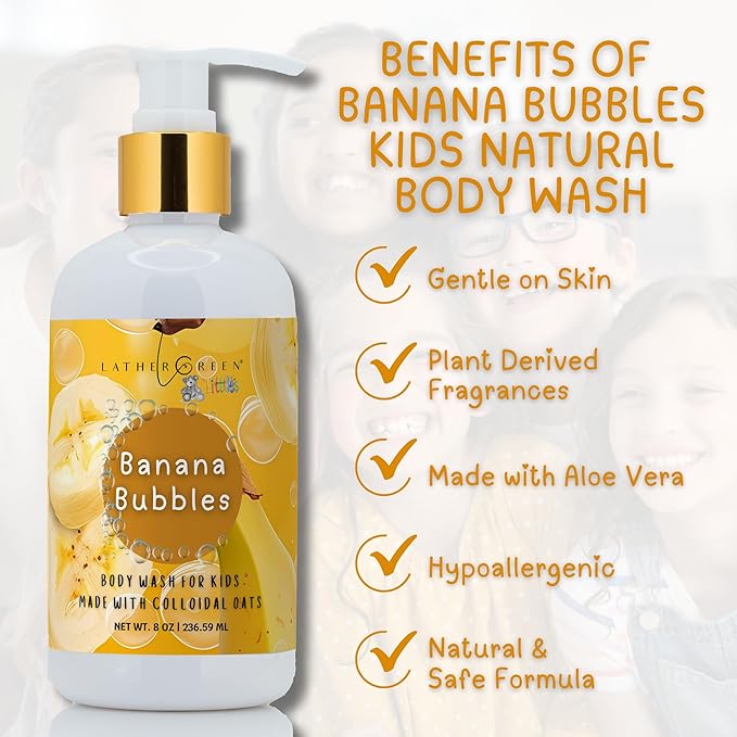 Kids Body Wash – Plant Based Gentle Moisturizer with Shea Butter – Safe for Sensitive Skin – Banana Bubbles – 3 Pack (8 oz Each)