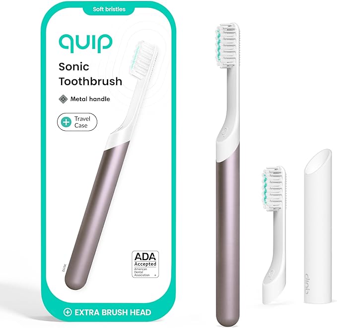 Quip Metal Sonic Electric Toothbrush for Adults - Time Travel &amp Soft Bristles with Travel Case &amp Replacement Brush Head - 3 Month Battery Life Plum