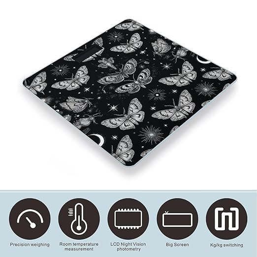 Energy Saving Scale Bathroom Weighing Scale Smart Scale for Body Weight Digital Gothic Moth Skull Sun Moon Black and White