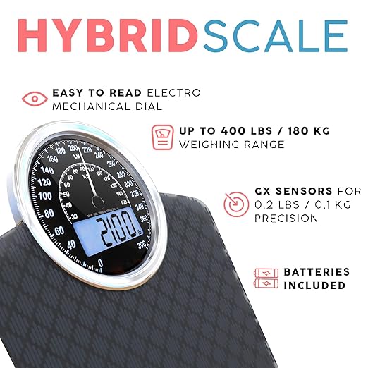 Adamson Hybrid 2-in-1 Analog &amp Digital Weighing Scale for Body Weight up to 400lbs + Thick Tempered Glass + Extra Large Display + Easy to Read Digital Bathroom Scale + New Version - Black Diamond