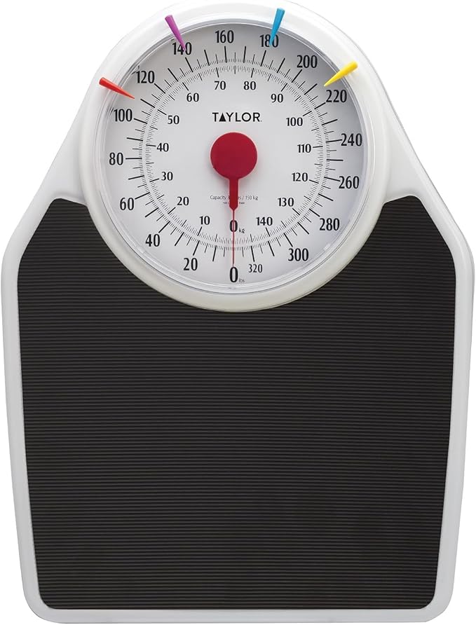 Taylor Battery Free Analog Scales for Body Weight 330LB Capacity Easy to Read Large 7-inch Dial 18.4 x 13.7-inch Ribbed Mat Platform Black