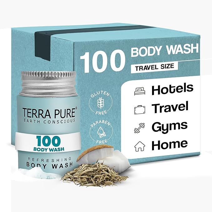 Travel Size Hotel Body Wash 100 Count 1 oz Bottles Guest Amenities for Hotels Vacation Rentals &amp Short Term Rentals Paraben Free White Tea &amp Coconut Scent Infused with Aloe and Olive Oil by Te