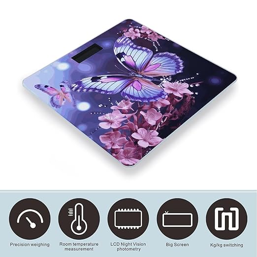 Digital Bathroom Scale for Body Weight Scale with Bright LCD Display High Accuracy Step-On Technology Auto On/Off Purple Butterfly Digital Scales 400 Lbs /180kg