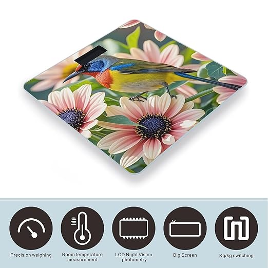 Flowers and Birds Scale for Body Weight Sturdy Tempered Glass Weighing Scales with LCD Display Accurate Digital Bathroom Scale Convenient Body Fat Smart Scales Easy Read