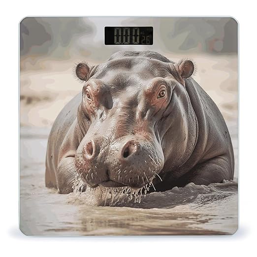 Hippopotamus in Water Scale for Body Weight Precision Bathroom Weighing Scales with Back Lit LCD Display Sturdy Tempered Glass Body Weight Scales Digital Bathroom Scale 400lb