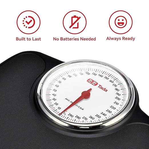 Tada Analog Scale for Body Weight Up to 300 LB Large Non-Digital Mechanical Bathroom Scale with Easy-Read Dial and Anti-Slip Platform