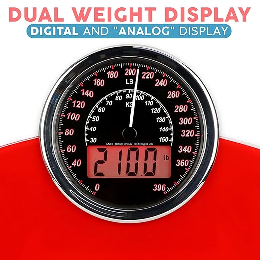 Adamson Hybrid 2-in-1 Analog &amp Digital Weighing Scale for Body Weight up to 400lbs - Thick Tempered Glass - Extra Large Display - Easy to Read Digital Bathroom Scale - New - Red