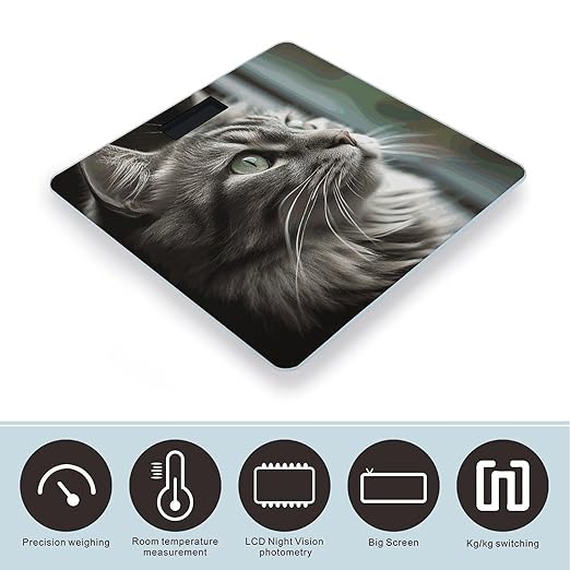 Gray Cat with Green Eyes Scale for Body Weight Sturdy Tempered Glass Weighing Scales with LCD Display Accurate Digital Bathroom Scale Convenient Body Fat Smart Scales 400lb