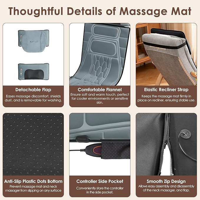 Flannel Full Body Massage Mat Heat Massage Pad with Detachable Shiatsu Neck Massager Multifunctional Massage Chair Pad with Carry Bag Earplugs Anti-Slip Bottom for Office Home