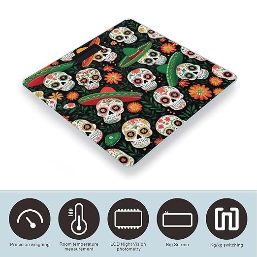 Men's Smart Scale for Body Weight Digital Bathroom Weighing Scale Automatic Switch Energy Saving Scale Mexican Hat Twigs Flowers Day Dead Sugar Skulls
