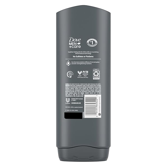DOVE MEN + CARE Body and Face Wash 4 Count Purifying Charcoal + Clay Body Wash for Men with 24-Hour Nourishing Micromoisture Technology 18 oz