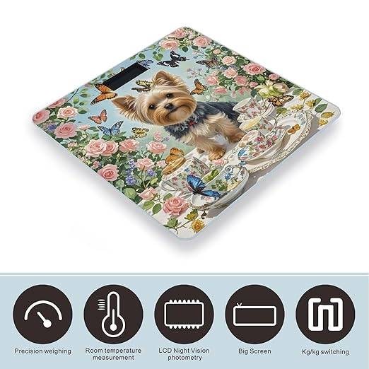 Yorkshire Terrier Tea Party Butterflies Roses Smart Scale for Body Weight Accurate Bathroom Scale with LED Display Digital Weight Scales Weighing Machine High Precision Scales for Bath Home