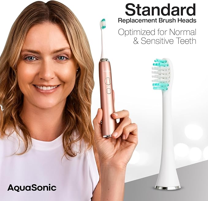 AquaSonic Genuine Standard Replacement Brush Heads | ADA Accepted | for Normal &amp Sensitive Teeth | Compatible with Many AquaSonic Toothbrush Handles (8 Pack White)