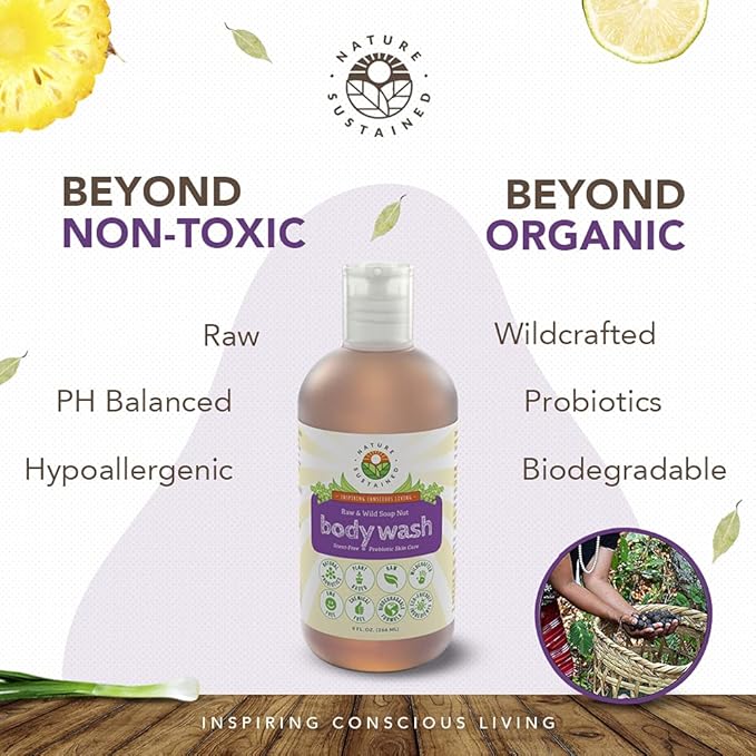 Nature Sustained Organic Body Wash &amp Face Wash – Raw &amp Wildcrafted with Probiotics Soapberry Formula for Eczema &amp Psoriasis - Wild Plants Selected for Sensitive &amp Dry Skin Gallon Le