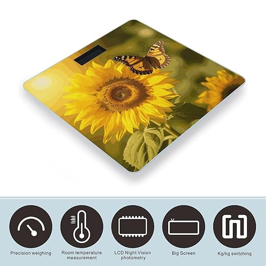 Sunflower Butterfly Sunny Scale with LCD Easy-to-Read Anti-Slip Weight Digital Bathroom Scale Precision Weighing Scales Sturdy Tempered Glass Body Weight Scales for Daily Use