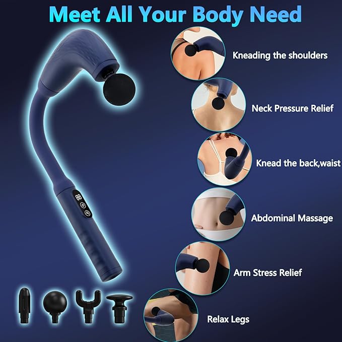 Massage Gun with Upgraded Extension Handle Back Massager for Pain Relief Deep Tissue Muscles/Neck/Shoulders/Waist/Legs Massager with 4 Massage Heads &amp 6 Speed Levels &amp 3 Massage Modes Blue
