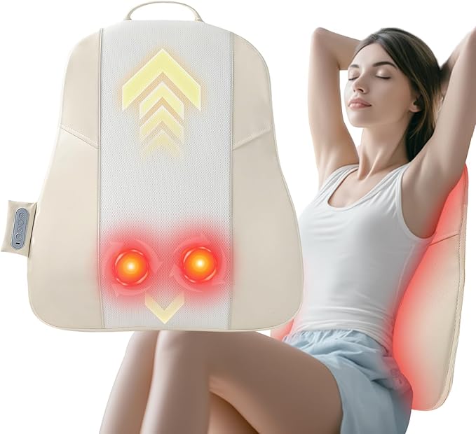 Back Massager for Pain Relief Deep Tissue Ultrathin Rolling Up and Down Full Back Massage with Heat 4D Shiatsu Kneading Shoulder Massager Extended Widened Design for Home Office Car Use Beige