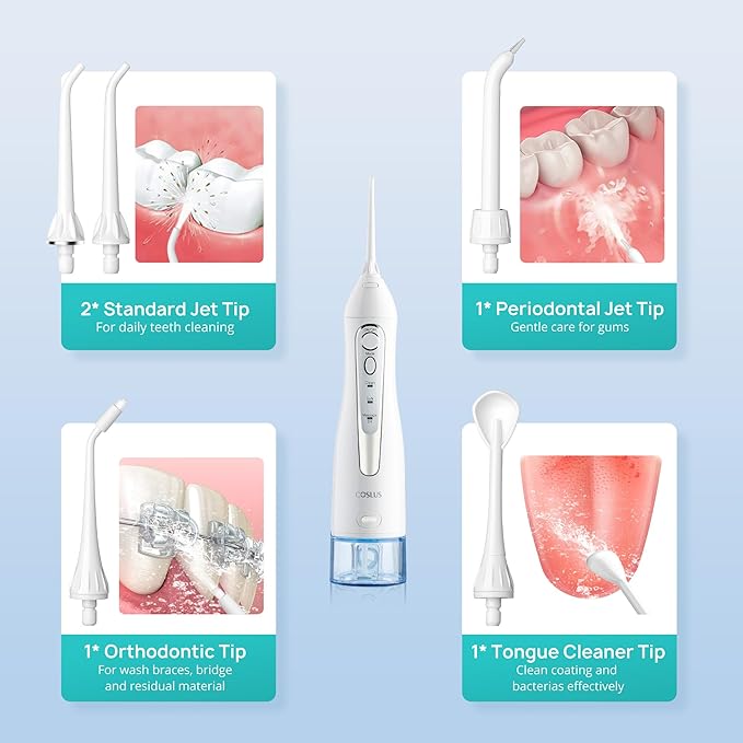 COSLUS Water Dental Flosser Teeth Pick C20(F5020E): Portable Cordless Oral Irrigator 300ML Rechargeable Travel Irrigation Cleaner IPX7 Waterproof Electric Flossing Machine for Teeth Cleaning White