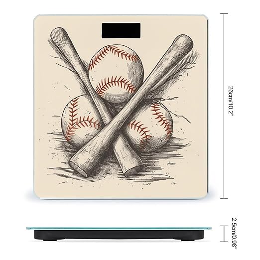 Hand Drawn Baseball Bats and Ball Weight ScaleClear LED Display Bathroom Digital Weighing ScaleTempered Glass Digital Bathroom Scale for Body Weight Capacity Up to 400 Lbs