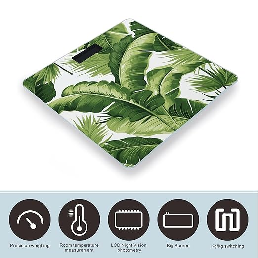 Cute Green Palm Leaves Scale for Body Weight Highly Accurate Digital Bathroom Scale Sturdy Tempered Glass Weighing Scales with LCD Display Fashion Body Fat Smart Scales 400lb