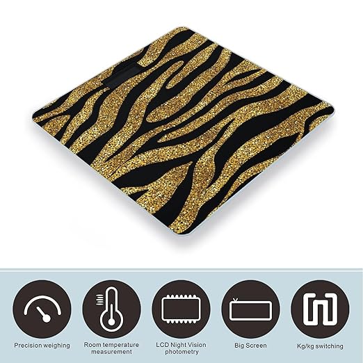 Women's Fashion Automatic Switch Digital Bathroom Weighing Scale Smart Scale Gold Glitter Animal Skin Tiger Stripes Print
