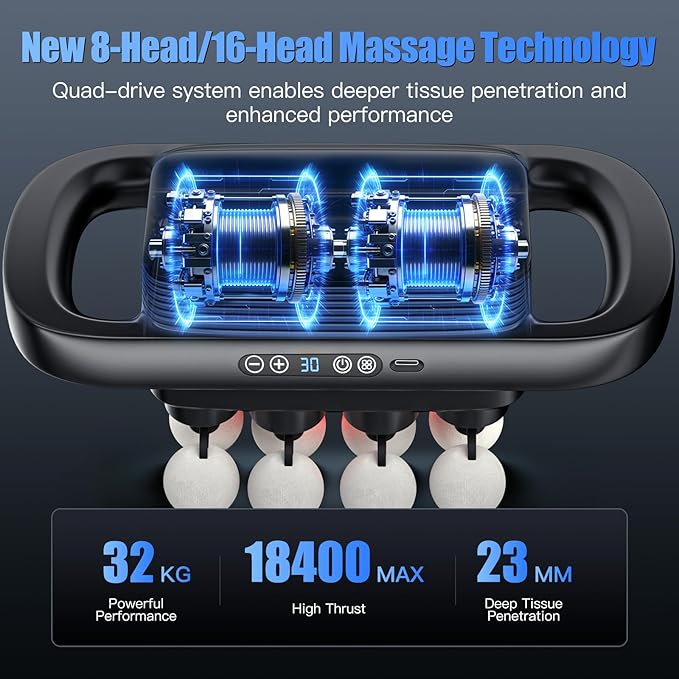 Upgraded 16 Head Massage Gun Set Deep Tissue Percussion Massager 16-Drive Back Muscle Massager with 3 Modes &amp 30 Intensities for Thighs Arms Waist Back
