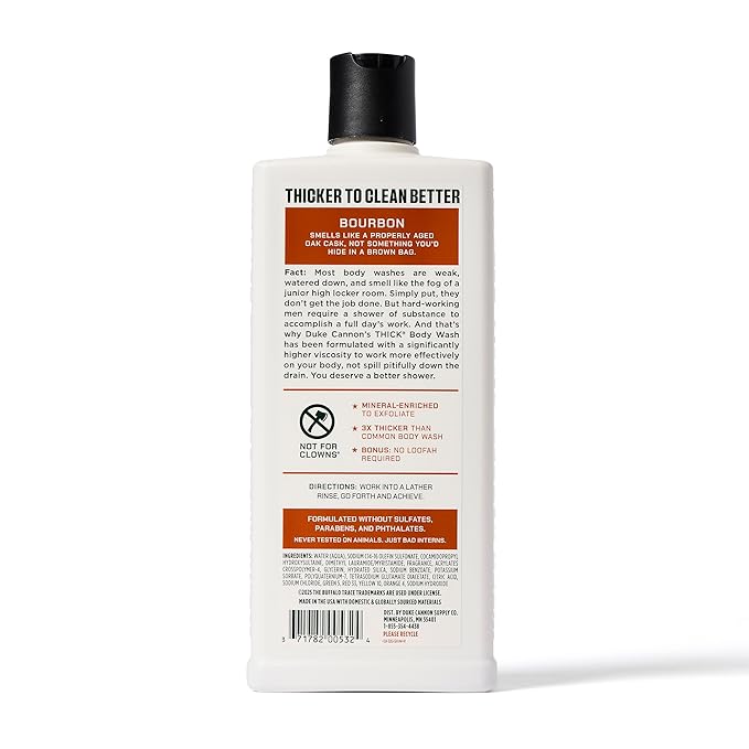 Duke Cannon Supply Co. Thick High Viscosity Body Wash - 3X Thicker Plant-Based Mineral-Enriched Body Wash for Men - Mens Body Scrub - Sawtooth Bourbon Midnight Swim &amp Superior