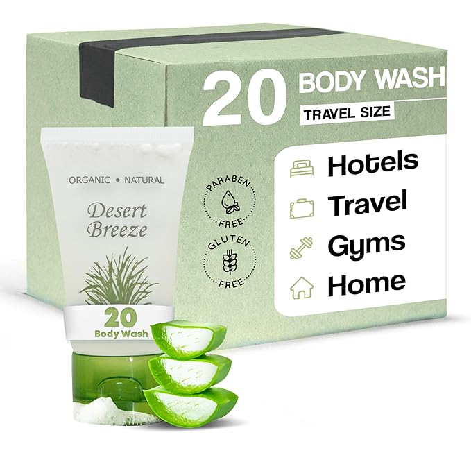 Travel Size Hotel Body Wash 20 Count 1 oz Bottles Guest Amenities for Vacation Rentals and Short Term Rentals Paraben Free Green Tea &amp Lemongrass Scent Infused with Aloe and Olive Oil by Desert Br