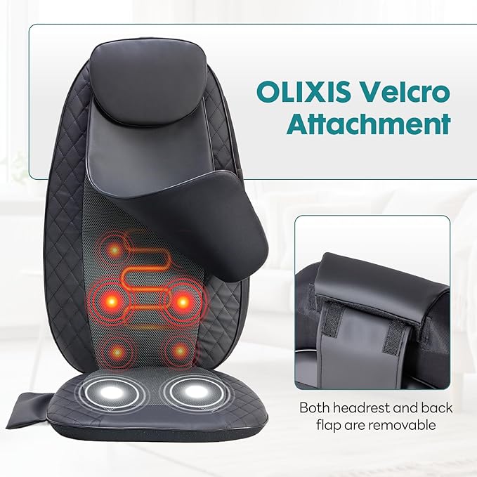 OLIXIS Massage Chair Pad with Heat Chair Massager with 4 Deep-Kneading for Office Home Shiatsu Back Massager for Pain Relief Portable Folding Grey