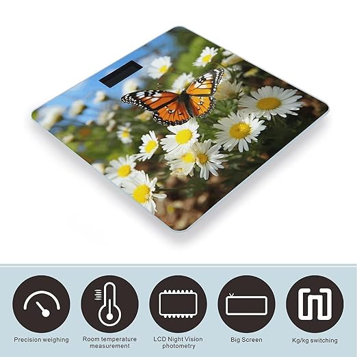 Butterfly on Daisy Flower Bathroom Scale Large LCD Backlight Display Digital Scale Rounded Corners Body Scales Automatic Power On/Off Bathroom Scales for Home Bedrooms